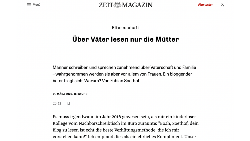 Screenshot eines Textes namens „Über Väter lesen nur die Mütter“ bei ZEIT Online
